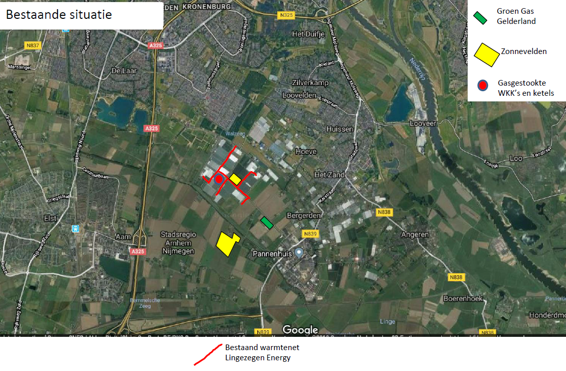 [Alt-tekst: Satelietbeeld van omgeving Zilverkamp, met aanduiding van de ligging van groengasproductie, zonnevelden en gasgestookte wkk's en aardgasketels.]